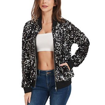 Women's Sequin Sparkle Front Zip Casual Blazer Bomber Jacket With Pockets