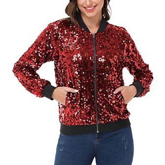 Women's Sequin Sparkle Front Zip Casual Blazer Bomber Jacket With Pockets