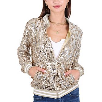 Women's Sequin Sparkle Front Zip Casual Blazer Bomber Jacket With Pockets