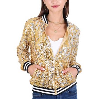 Women's Sequin Sparkle Front Zip Casual Blazer Bomber Jacket With Pockets