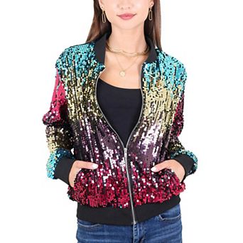 Women's Sequin Sparkle Front Zip Casual Blazer Bomber Jacket With Pockets