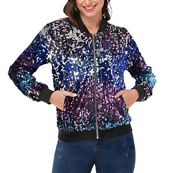 Women's Sequin Sparkle Front Zip Casual Blazer Bomber Jacket With Pockets