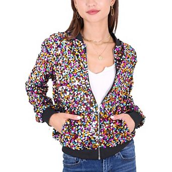 Women's Sequin Sparkle Front Zip Casual Blazer Bomber Jacket With Pockets