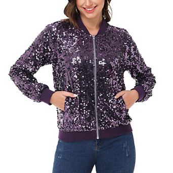 Women's Sequin Sparkle Front Zip Casual Blazer Bomber Jacket With Pockets