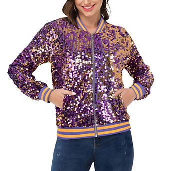 Women's Sequin Sparkle Front Zip Casual Blazer Bomber Jacket With Pockets