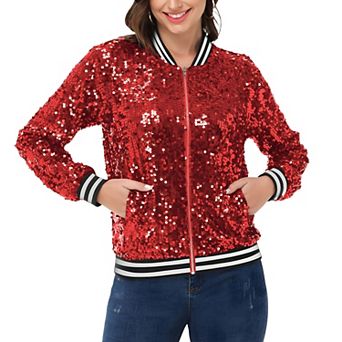 Women's Sequin Sparkle Front Zip Casual Blazer Bomber Jacket With Pockets