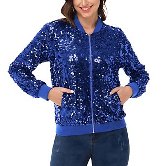 Women's Sequin Sparkle Front Zip Casual Blazer Bomber Jacket With Pockets
