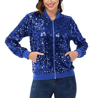 Women's Sequin Sparkle Front Zip Casual Blazer Bomber Jacket With Pockets