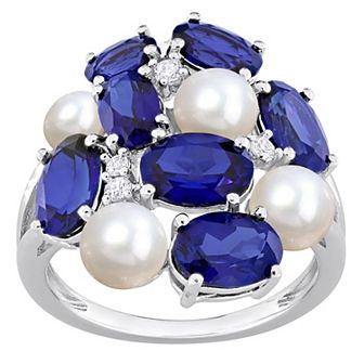 Stella Grace Sterling Silver Freshwater Cultured Pearl, Lab-Created Blue Sapphire & Lab-Created White Sapphire Cocktail Ring