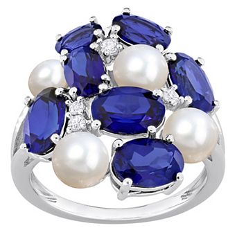 Stella Grace Sterling Silver Freshwater Cultured Pearl, Lab-Created Blue Sapphire & Lab-Created White Sapphire Cocktail Ring