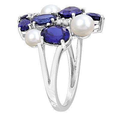 Stella Grace Sterling Silver Freshwater Cultured Pearl, Lab-Created Blue Sapphire & Lab-Created White Sapphire Cocktail Ring