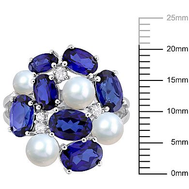 Stella Grace Sterling Silver Freshwater Cultured Pearl, Lab-Created Blue Sapphire & Lab-Created White Sapphire Cocktail Ring