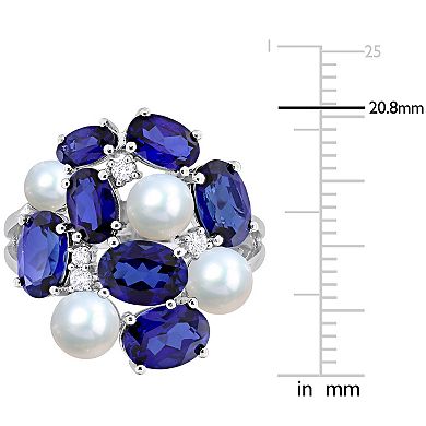 Stella Grace Sterling Silver Freshwater Cultured Pearl, Lab-Created Blue Sapphire & Lab-Created White Sapphire Cocktail Ring