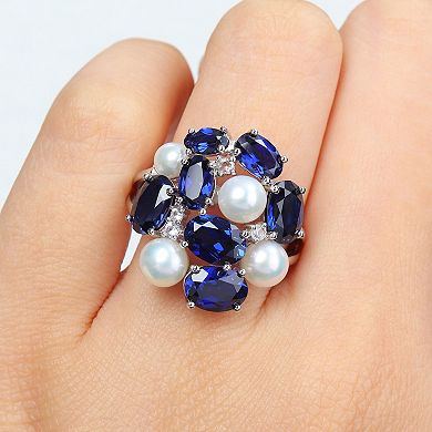 Stella Grace Sterling Silver Freshwater Cultured Pearl, Lab-Created Blue Sapphire & Lab-Created White Sapphire Cocktail Ring