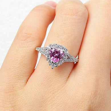Stella Grace Sterling Silver Lab-Created Pink Sapphire & Lab-Created White Sapphire Halo Heart Engagement Ring