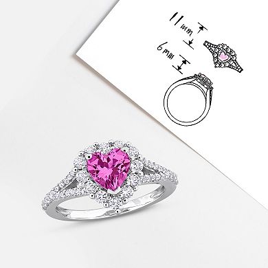 Stella Grace Sterling Silver Lab-Created Pink Sapphire & Lab-Created White Sapphire Halo Heart Engagement Ring