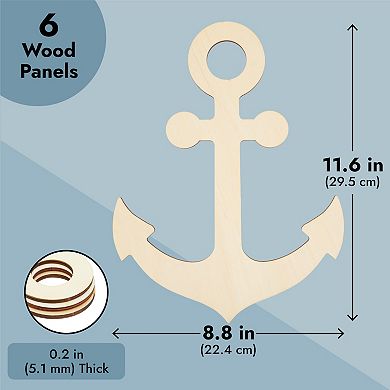 6 Pack Unfinished Wooden Anchors For Crafts, Nautical Wood Cutouts, 11.6x8.8 In