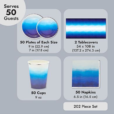 202 Pcs Blue Party Supplies With Plates, Napkins, Cups, Tablecloths, Serves 50