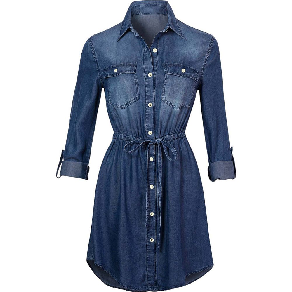 shirt denim dress for women Tencel Dress: Vintage-Inspired Fit & Flare with Rose Buttons feminine ruffle collar Anna-Kaci Women's Denim Long-Sleeve Jean