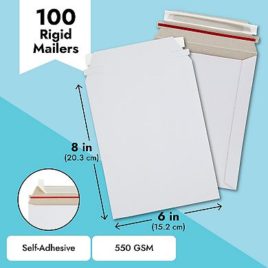 100 Pack 6x8 Rigid Mailers, 550 Gsm Self Adhesive Stay Flat Cardboard Envelopes