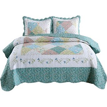 MarCielo 3 pc Floral Printed Patchwork Quilt Bedspread Set
