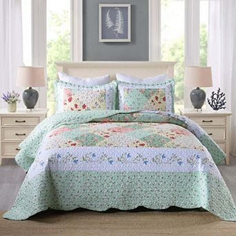 MarCielo 3 pc Floral Printed Patchwork Quilt Bedspread Set