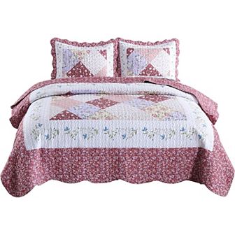 MarCielo 3 pc Floral Printed Patchwork Quilt Bedspread Set