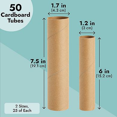 50 Empty Brown Cardboard Rolls for Crafts, DIY Projects, 2 Sizes
