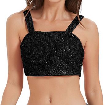 Women's Stretchy Sequins Crop Top Square Neck Tube Tops