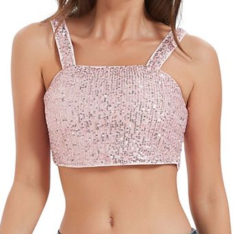 Women's Stretchy Sequins Crop Top Square Neck Tube Tops