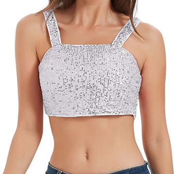 Women's Stretchy Sequins Crop Top Square Neck Tube Tops