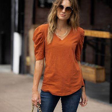 Womens Pleated Sleeve V-neck Top