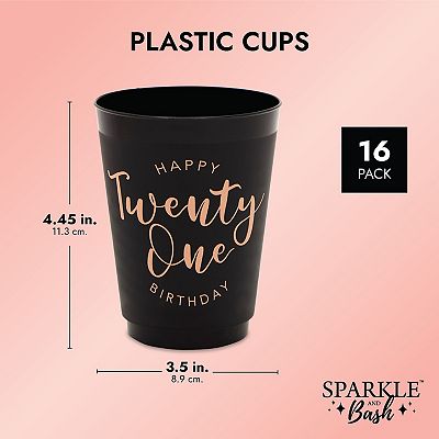 16 Pcs Black & Gold Plastic Party Cups Reusable Tumbler For 21st Birthday, 16  Oz