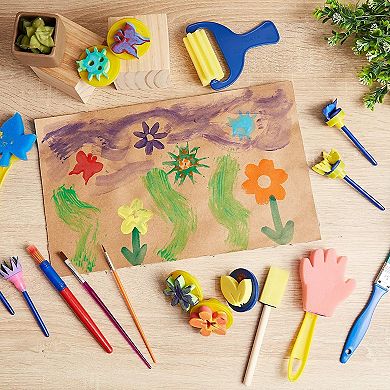 36 Pcs Painting Kit For Kids With Form Paint Brushes Rollers Stamps Arts Crafts