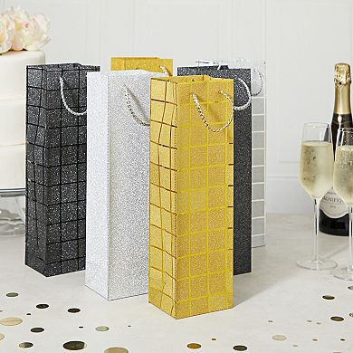 6 Pack Foiled Glitter Wine Bottle Gift Bags With Handles, 3.8 X 14 X 3.3 In