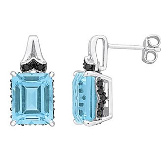 Stella Grace Sterling Silver Sky Blue Topaz & Black Sapphire Baguette Stud Earrings