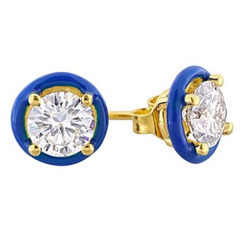 Stella Grace 18k Gold Over Silver 1-3/8 Carat T.W. Lab-Created Moissanite & Blue Enamel Solitaire Halo Stud Earrings