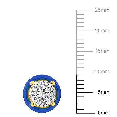 Stella Grace 18k Gold Over Silver 1-3/8 Carat T.W Lab-Created Moissanite & Blue Enamel Solitaire Halo Stud Earrings