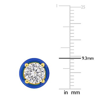 Stella Grace 18k Gold Over Silver 1-3/8 Carat T.W Lab-Created Moissanite & Blue Enamel Solitaire Halo Stud Earrings