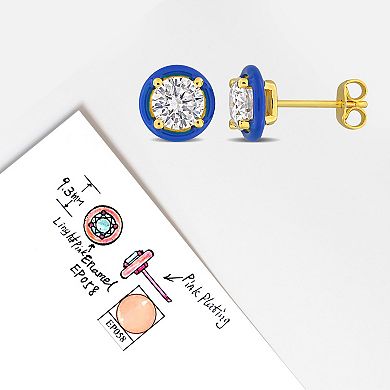 Stella Grace 18k Gold Over Silver 1-3/8 Carat T.W Lab-Created Moissanite & Blue Enamel Solitaire Halo Stud Earrings