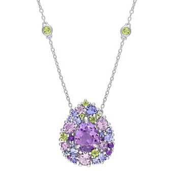 Stella Grace Sterling Silver Tanzanite, Rose De France, Peridot & Amethyst Mosaic Teardrop Necklace