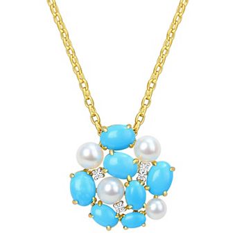 Stella Grace 18k Gold Over Silver Freshwater Cultured Pearl, Lab-Created Turquoise & Lab-Created White Sapphire Pendant Necklace