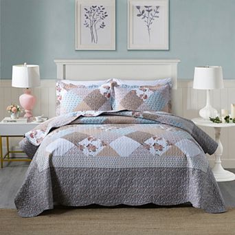 Marcielo 3 pc Printed Floral Quilt Bedspread Set Bedding Coverlet Set