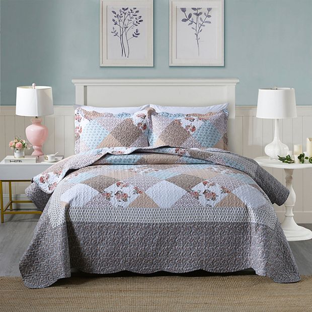 Odette Floral Printed Quilt Coverlet Set - Beige Or Gray, All Sizes, Microfiber, Machine Washable 5 thumbnail image