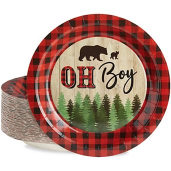 80 ct Oh Boy Buffalo Plaid Party Plates, Lumberjack Baby Shower Decorations, 9 in
