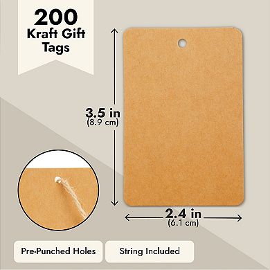 200 Pack Large Kraft Paper Gift Tags, Merchandise Tags, Brown, 2 X 4"