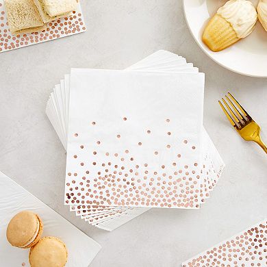 100-pack Rose Gold Cocktail Napkins With Foil Polka Dots For Wedding, 5x5 In