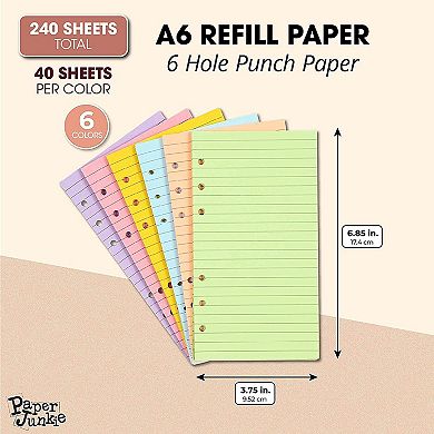 Lined Binder Paper, A6 Refill 6 Hole Punch Paper (6 Colors, 240 Sheets)