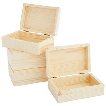 4 Pack Unfinished Wooden Box With Hinged Lid For Crafts Jewelry Beads Storage