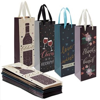 12 Pack Wine Bottle Gift Bags With Handles For Wedding, Birthday, 4 Designs
